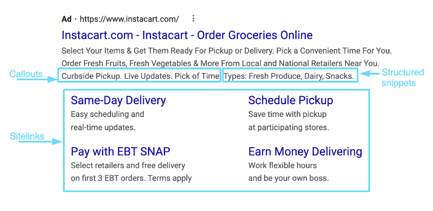 roof leads-ad extensions in Google Ads screenshot